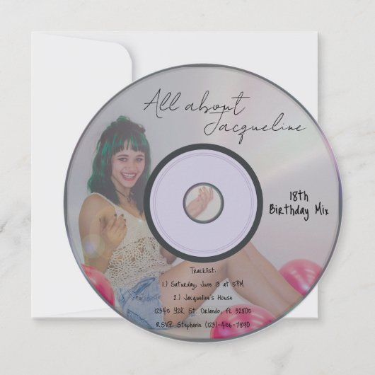 Retro Girl's Music CD Birthday Invitation 招待状 (正面)