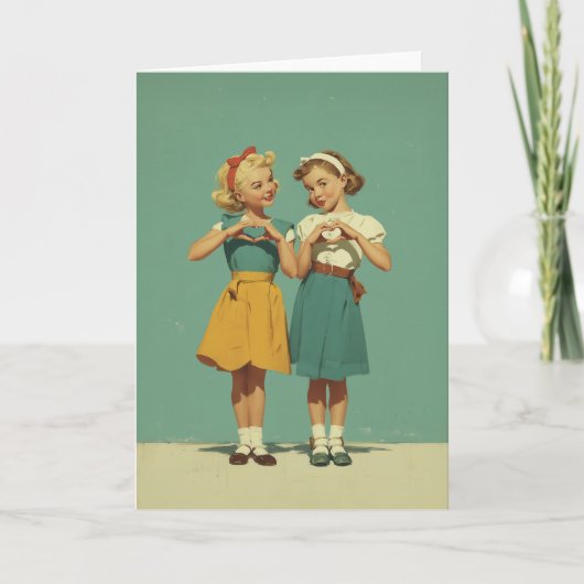 Retro Girls Sharing Heartfelt Joy カード (正面)
