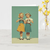 Retro Girls Sharing Heartfelt Joy カード (黄色い花)