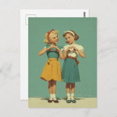 Retro Girls Sharing Heartfelt Joy ポストカード (正面/裏面)