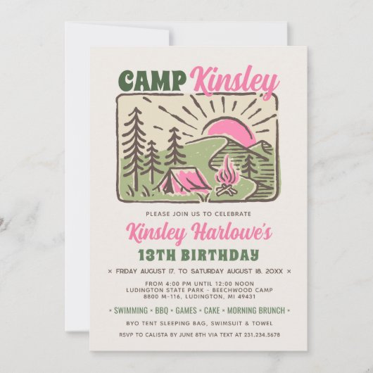 Retro Girly Weekend Camp Birthday Invitation 招待状 (正面)