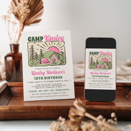 Retro Girly Weekend Camp Birthday Invitation 招待状