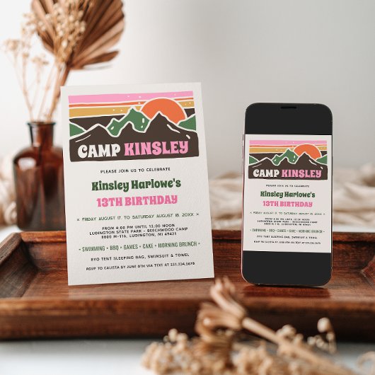 Retro Girly Weekend Camp Birthday Invitation 招待状