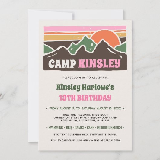 Retro Girly Weekend Camp Birthday Invitation 招待状 (正面)