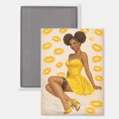 Retro Glam Afro Pin-Up Girl in Yellow Dress  マグネット (正面/裏面)