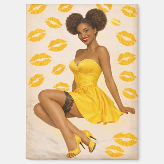 Retro Glam Afro Pin-Up Girl in Yellow Dress  マグネット (正面)