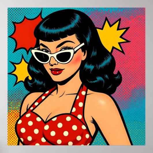 Retro Glam Pop Art Woman in Cat-Eye Sunglasses ポスター (正面)