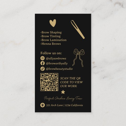 Retro gold black Doodles Brow Artist QR Code 名刺 (裏面)