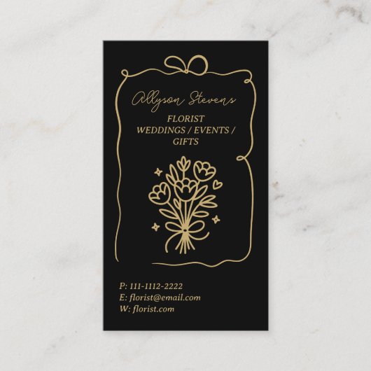 Retro Gold Black Doodles Florist Artist QR Code 名刺 (正面)