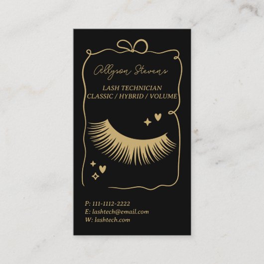 Retro gold black Doodles Lash Tech QR Code 名刺 (正面)