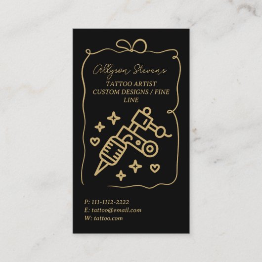 Retro gold black Doodles Tattoo Artist QR Code 名刺 (正面)