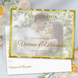 Retro Gold Green Damask Save the Date Announcement 案内ポストカード