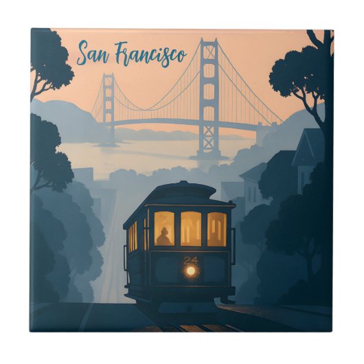 Retro Golden Gate Bridge, Cable Car, San Francisco タイル (正面)