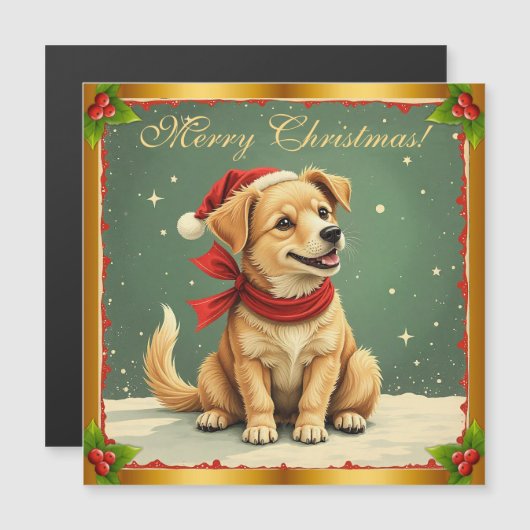 Retro Golden Retriever Puppy Christmas Card Magnet (正面/裏面)