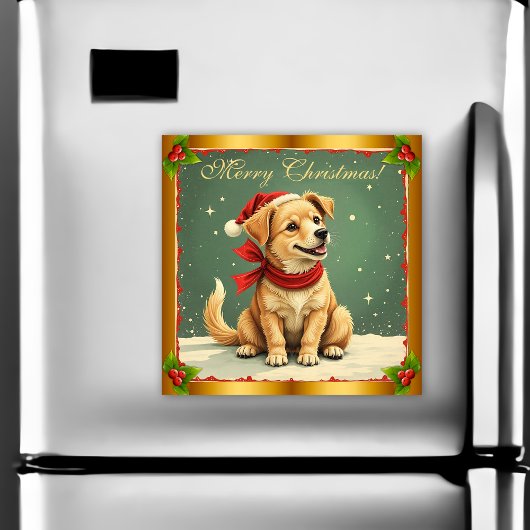 Retro Golden Retriever Puppy Christmas Card Magnet