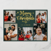 Retro Green and Gold Merry Christmas Family Photo 箔シーズンカード (正面)