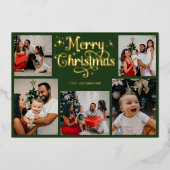 Retro Green and Gold Merry Christmas Family Photo 箔シーズンカード (正面)