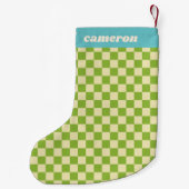Retro Green Blue Checkerboard Personalized Name スモールクリスマスストッキング (裏面)