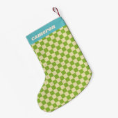 Retro Green Blue Checkerboard Personalized Name スモールクリスマスストッキング (裏面 (吊り時))