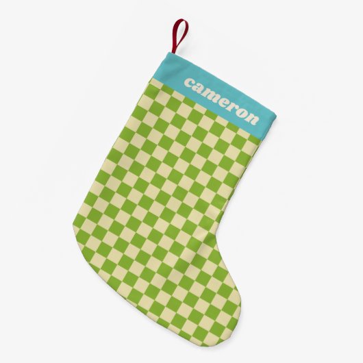Retro Green Blue Checkerboard Personalized Name スモールクリスマスストッキング (正面 (吊り時))