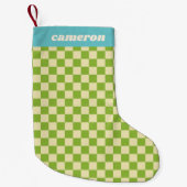 Retro Green Blue Checkerboard Personalized Name スモールクリスマスストッキング (正面)