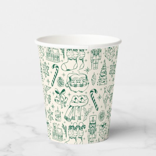 Retro Green Christmas Doodle 紙コップ (右)