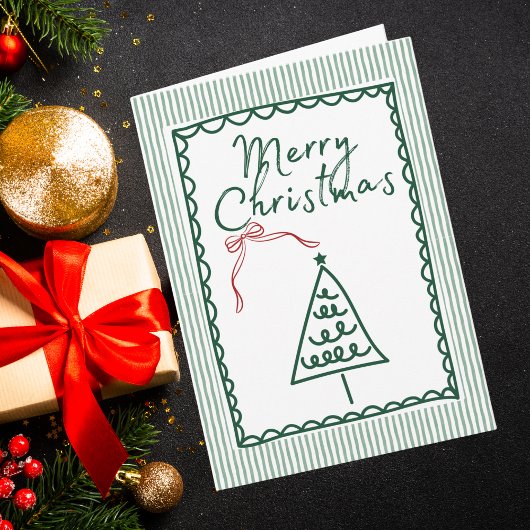 Retro green Christmas Tree & Family Photo Custom  カード