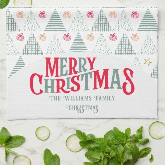 Retro Green Christmas Trees Modern Abstract Unique キッチンタオル (折り畳み)