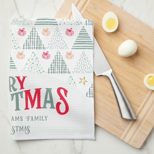 Retro Green Christmas Trees Modern Abstract Unique キッチンタオル (四つ折り)