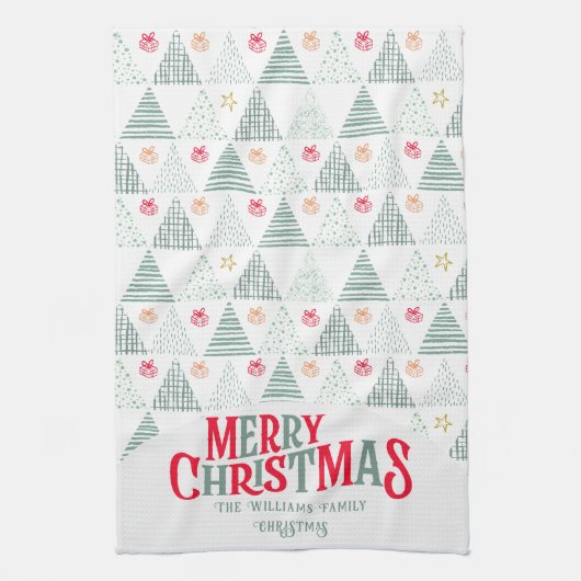 Retro Green Christmas Trees Modern Abstract Unique キッチンタオル (縦)