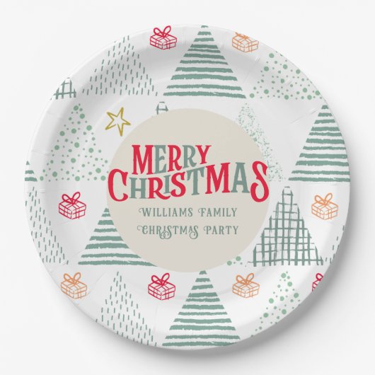 Retro Green Christmas Trees Modern Abstract Unique ペーパープレート (正面)