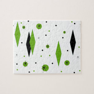 Retro Green Diamonds & Starbursts Puzzle ジグソーパズル
