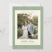 Retro Green Gingham Plaid Pattern Photo Wedding セーブザデート (正面)