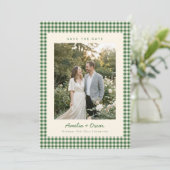 Retro Green Gingham Plaid Pattern Photo Wedding セーブザデート (スタンド正面)
