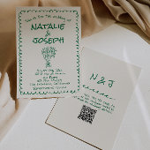 Retro Green Hand Drawn Quirky QR Code Wedding 招待状