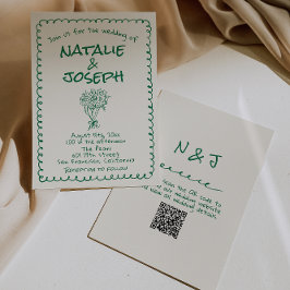 Retro Green Hand Drawn Quirky QR Code Wedding 招待状