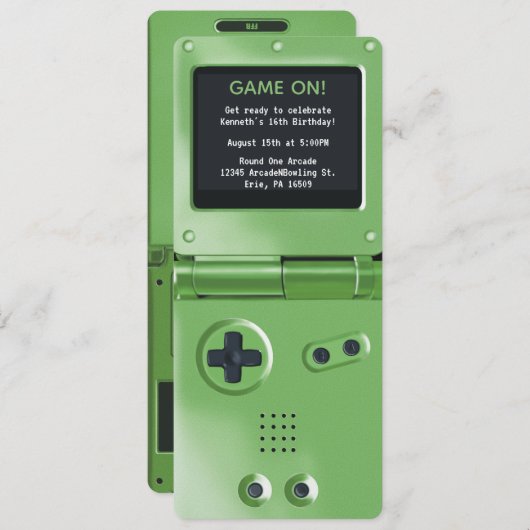 Retro Green Handheld Gaming Birthday Invitation 招待状 (正面/裏面)
