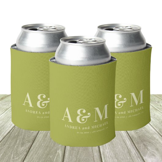 Retro Green & Ivory Monogram Wedding Can Cooler 缶クーラー
