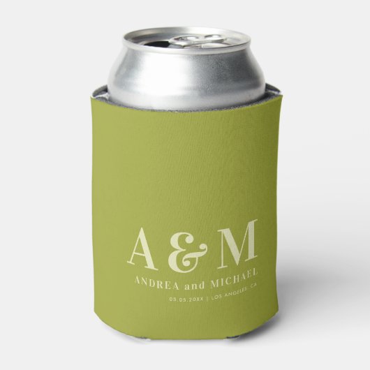 Retro Green & Ivory Monogram Wedding Can Cooler 缶クーラー (缶正面)