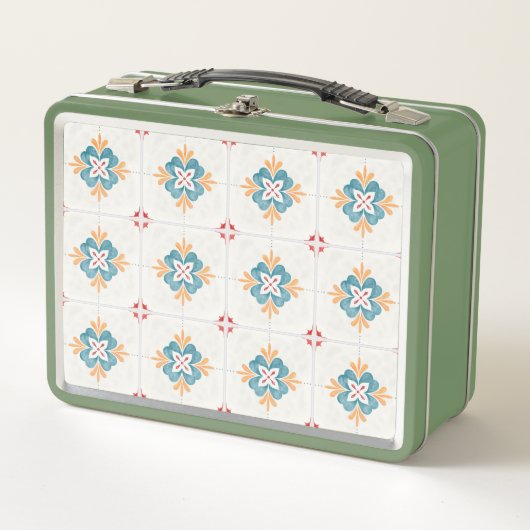 Retro green lunchbox with a floral tile pattern  メタルランチボックス (正面)