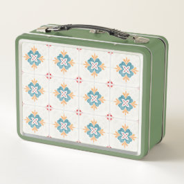 Retro green lunchbox with a floral tile pattern  メタルランチボックス