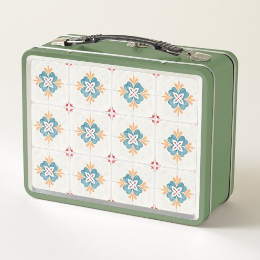 Retro green lunchbox with a floral tile pattern  メタルランチボックス (裏面)