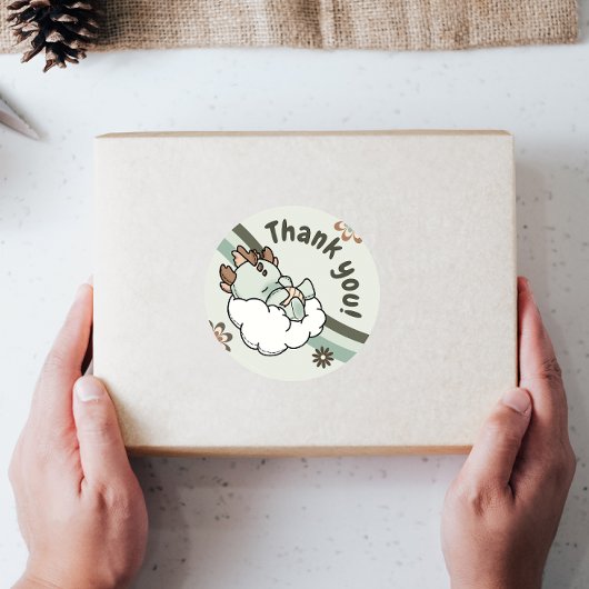 Retro Green Orange Baby Dragon Thank you ラベル