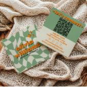 Retro Green Orange QR Code Groovy Checkered Boho スクエア名刺