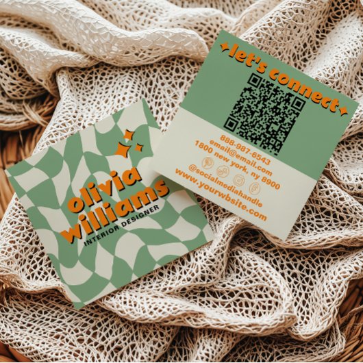 Retro Green Orange QR Code Groovy Checkered Boho スクエア名刺