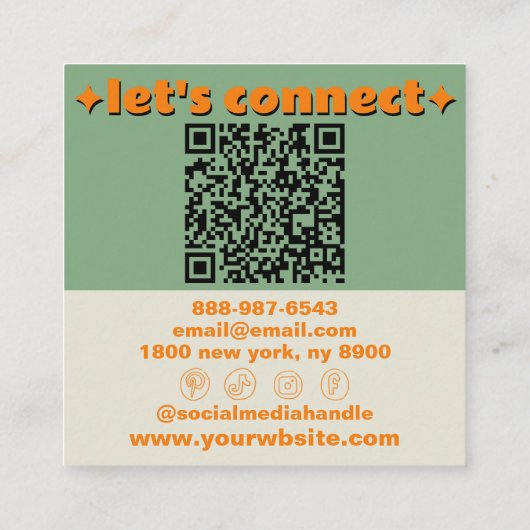Retro Green Orange QR Code Groovy Checkered Boho スクエア名刺 (裏面)