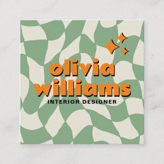 Retro Green Orange QR Code Groovy Checkered Boho スクエア名刺 (正面)