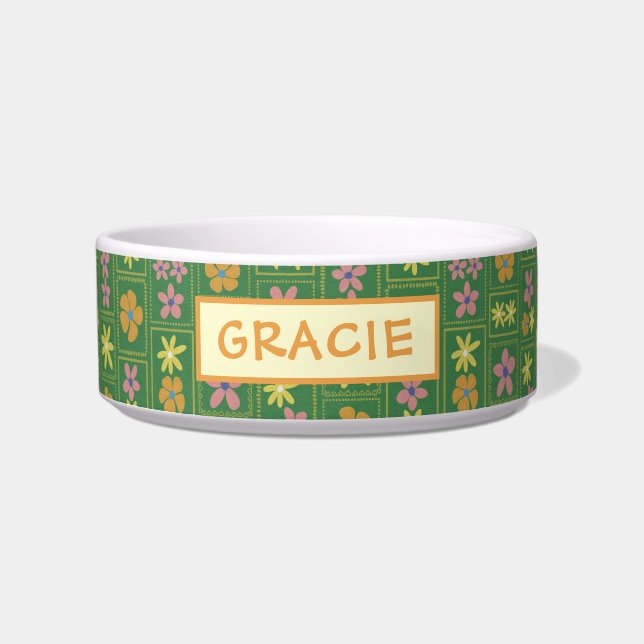 Retro Green Patchwork Floral Custom Medium Dog ボウル (正面)