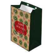 Retro Green Pine Star Red Lace Design Holiday ミディアムペーパーバッグ (正面アングル)