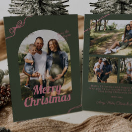 Retro Green & Pink Bow Arch Photo Christmas シーズンカード
